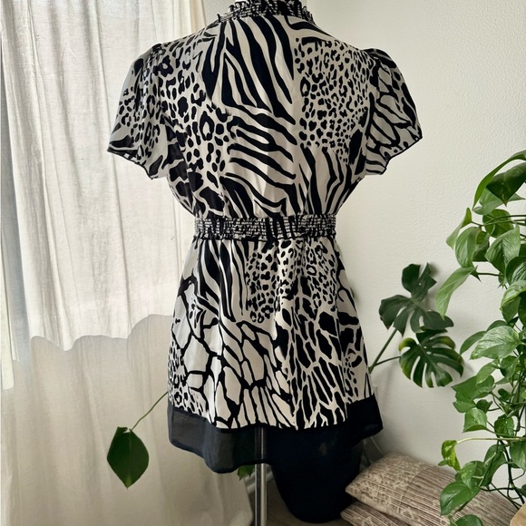 Vintage y2k Black and White V Neck Animal Print Tunic Top - Picture 4 of 5